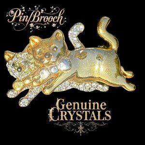 VTG NWOT Brooch Scarf Purse Label Hat Pin Goldtone Cats Genuine Pave' Crystals